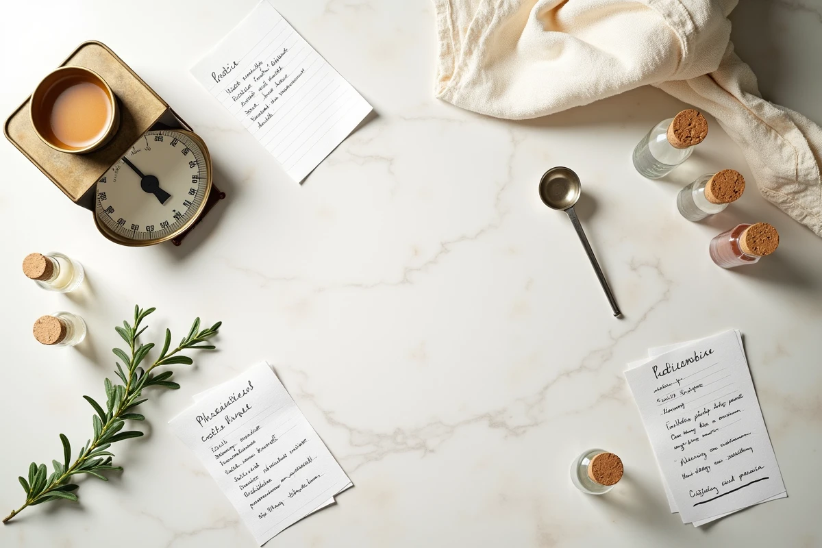 Vue de dessus d'une pipette graduée de 10ml et d'une tasse de mesure en centilitres entourées de fiches de recettes manuscrites sur une surface en pierre