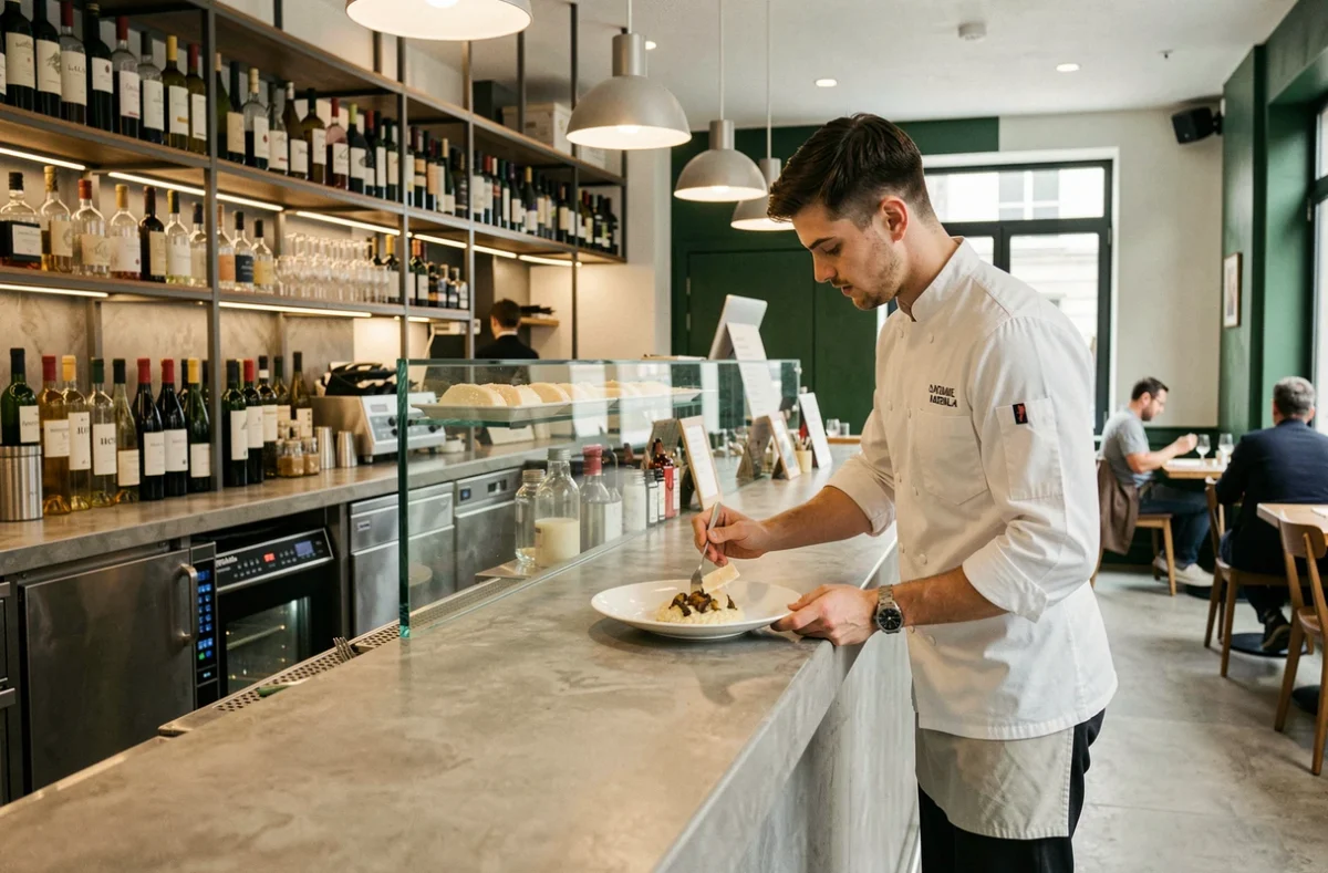 Le chef du 83 Restaurant à Metz dresse un risotto aux champignons dans la cuisine ouverte moderne de l'établissement, face à un comptoir bar élégant
