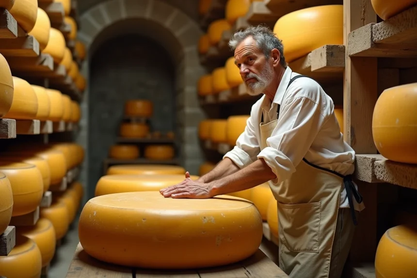 Affineur retournant une meule de Beaufort dans une cave d'affinage alpine traditionnelle