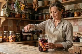 Femme versant de l'alcool dans un bocal de fruits maison sur un plan de travail en bois rustique