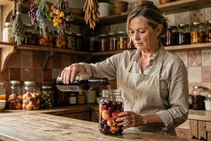 Femme versant de l'alcool dans un bocal de fruits maison sur un plan de travail en bois rustique