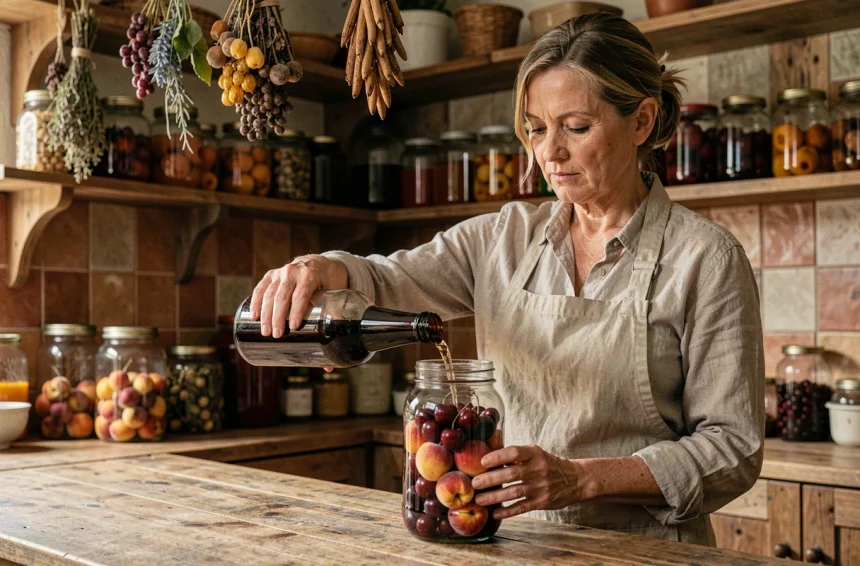 Femme versant de l'alcool dans un bocal de fruits maison sur un plan de travail en bois rustique