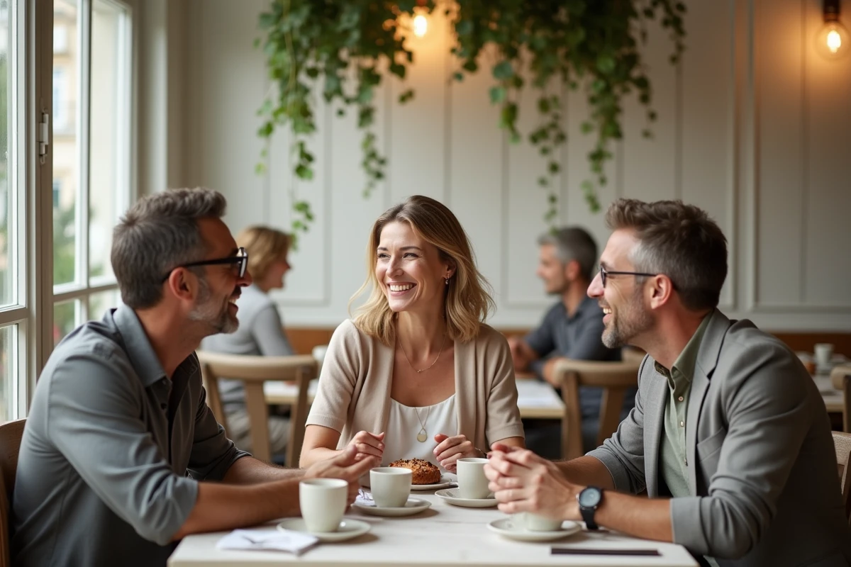 Trois amis discutant dans un bistro cosy
