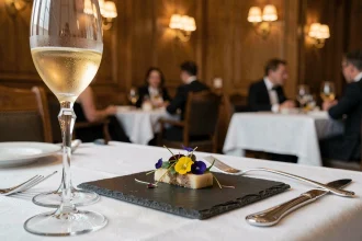 Mise en bouche raffinée sur ardoise noire dans un restaurant étoilé de Lille, avec couverts en argent et verre en cristal
