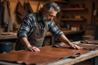 Artisan en cuir inspectant des peaux dans son atelier