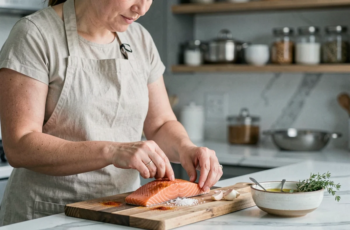 Cuisinière assaisonnant un filet de saumon cru côté peau avec du sel et du paprika fumé sur un plan de travail en marbre blanc