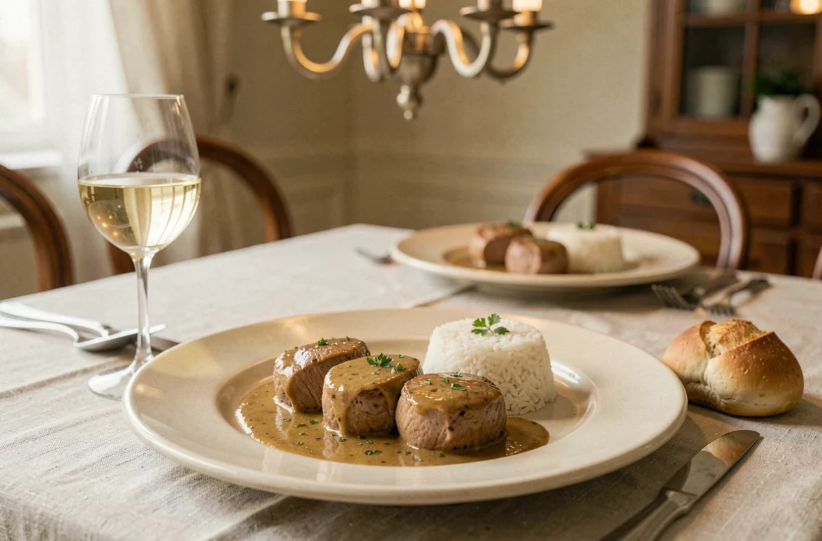 Assiette de blanquette de veau dressée sur une table de dîner française avec du riz vapeur, un verre de vin blanc et du pain, ambiance repas convivial