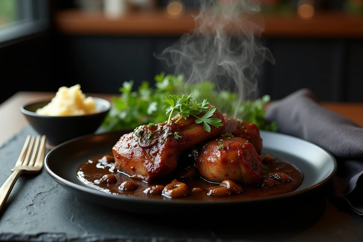 Assiette de cuisses de canard braisées à la sauce aux champignons avec purée crémeuse dans une ambiance bistrot