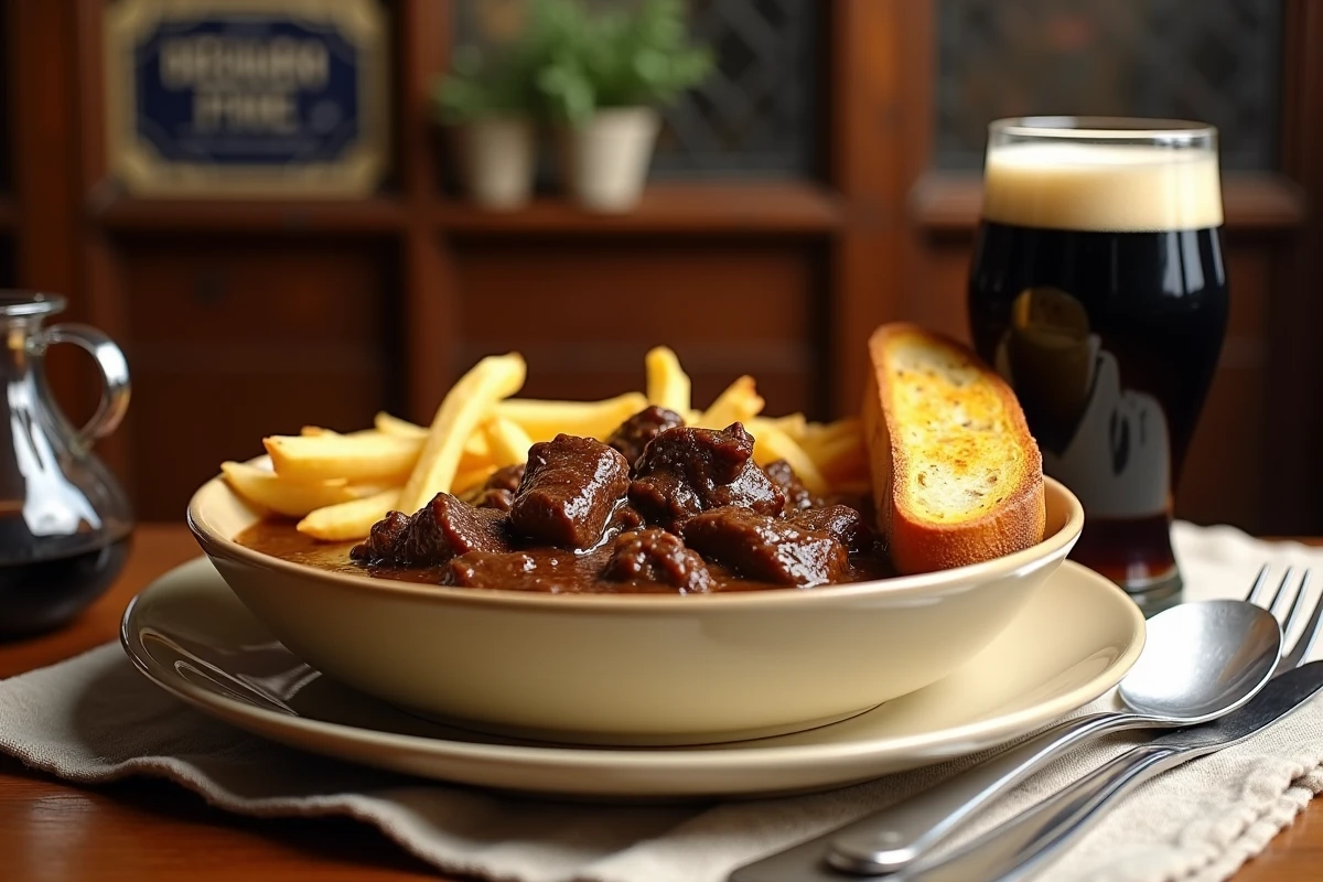 Assiette de carbonnade flamande ch'ti servie avec frites et tartine moutarde dans un estaminet traditionnel du Nord de la France
