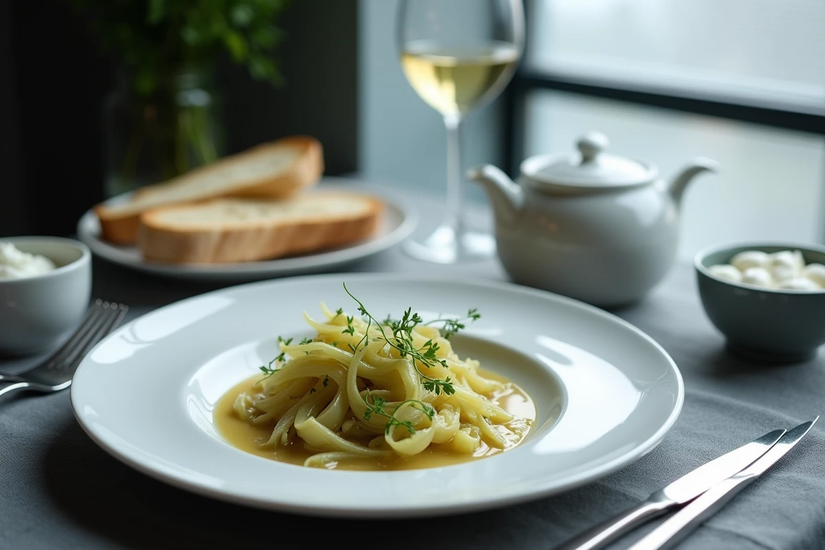 Assiette de fondue de poireaux au vin blanc avec pain grillé et crème fraîche, dressée élégamment sur une table de bistrot