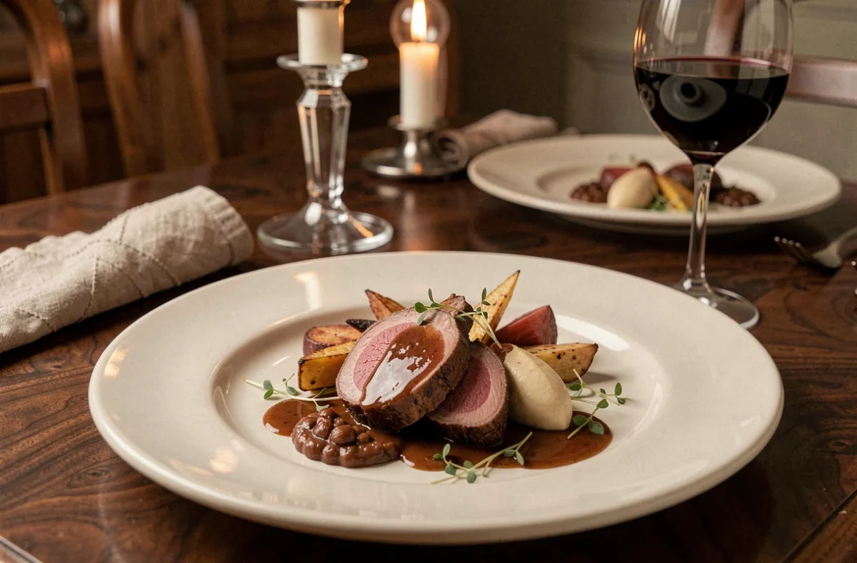 Assiette gastronomique de chevreuil sauce grand veneur revisitée, dressée sur table en noyer pour un dîner automnal raffiné