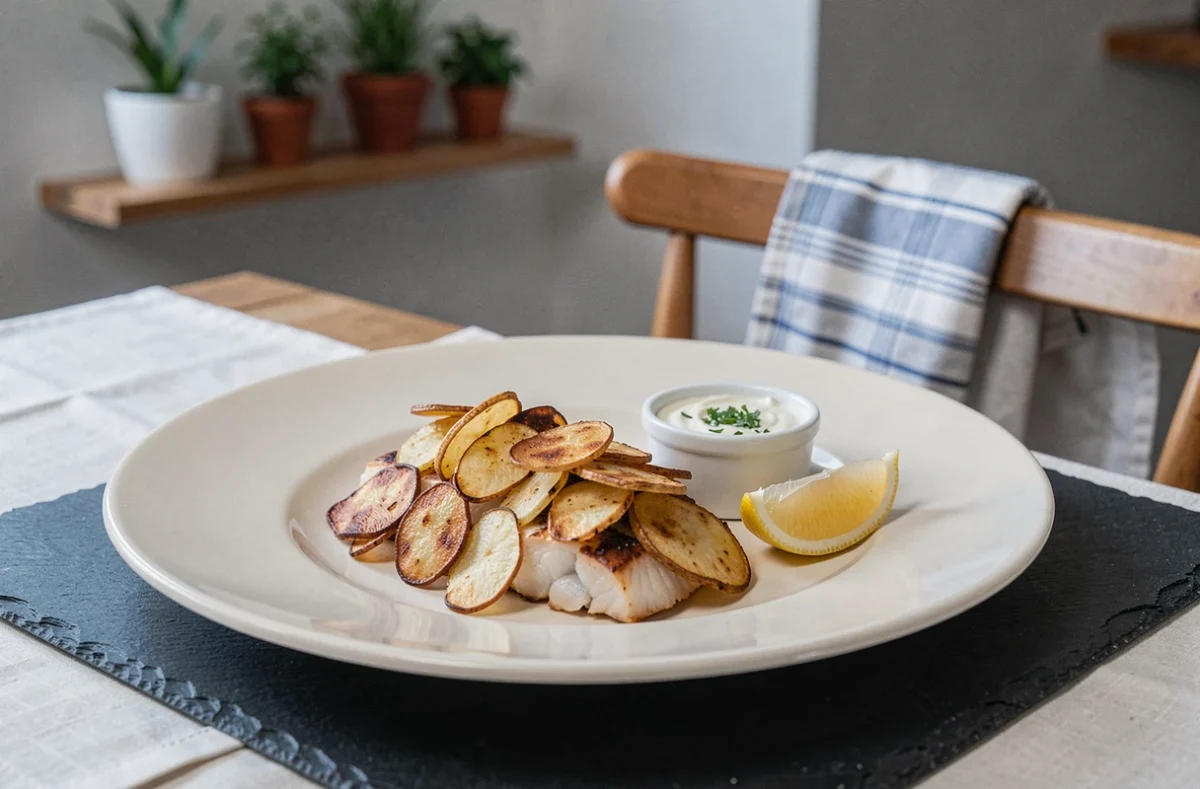 Assiette individuelle de julienne de poisson au four avec pommes de terre croustillantes et sauce aux herbes sur table dressée