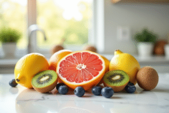 Variété de fruits frais sur plan de travail en marbre