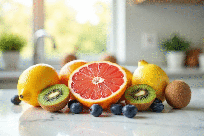 Variété de fruits frais sur plan de travail en marbre