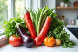 Assortiment de legumes frais avec V sur planche blanche