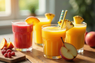 Assortiment de smoothies de fruits frais sur une table en bois
