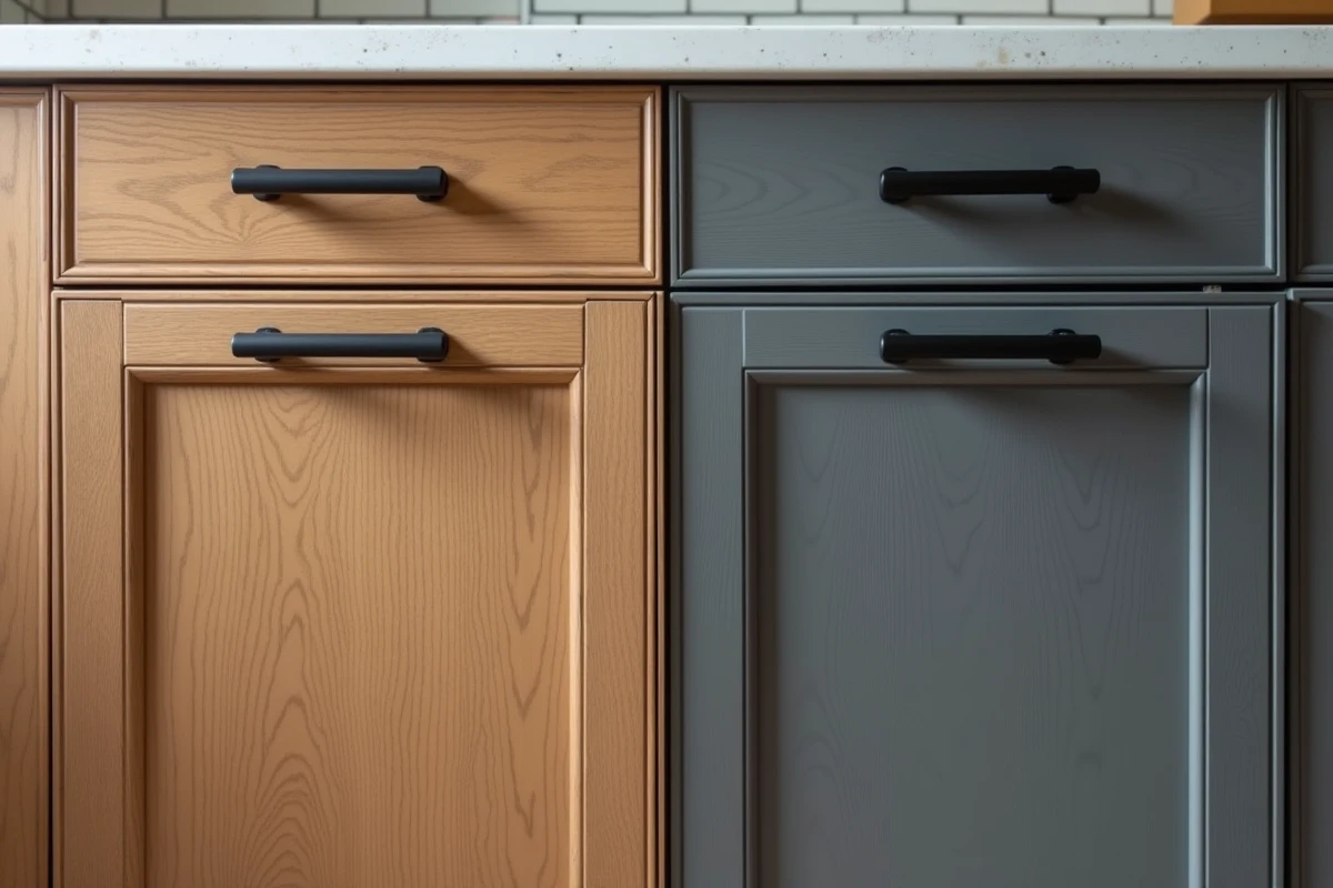 Comparaison avant-après d'une porte de cuisine ancienne en chêne et d'une porte moderne gris graphite style shaker