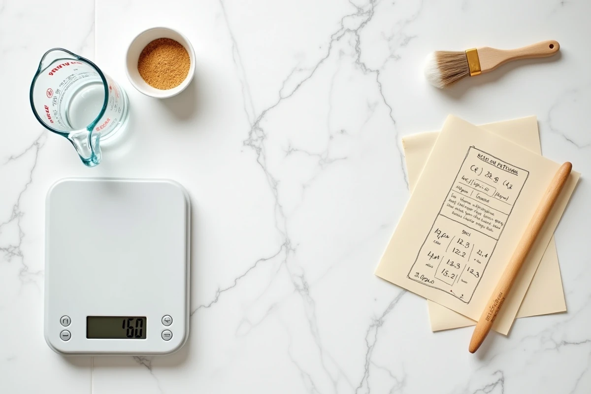 Vue de dessus d'une balance de cuisine affichant 150g avec un verre doseur en cl et une fiche de conversion manuscrite sur marbre blanc