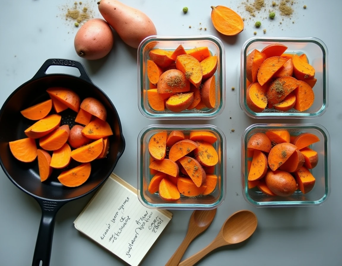 Préparation batch cooking avec des boîtes de conservation remplies de patate douce cuite et une poêle sur plan de travail en béton