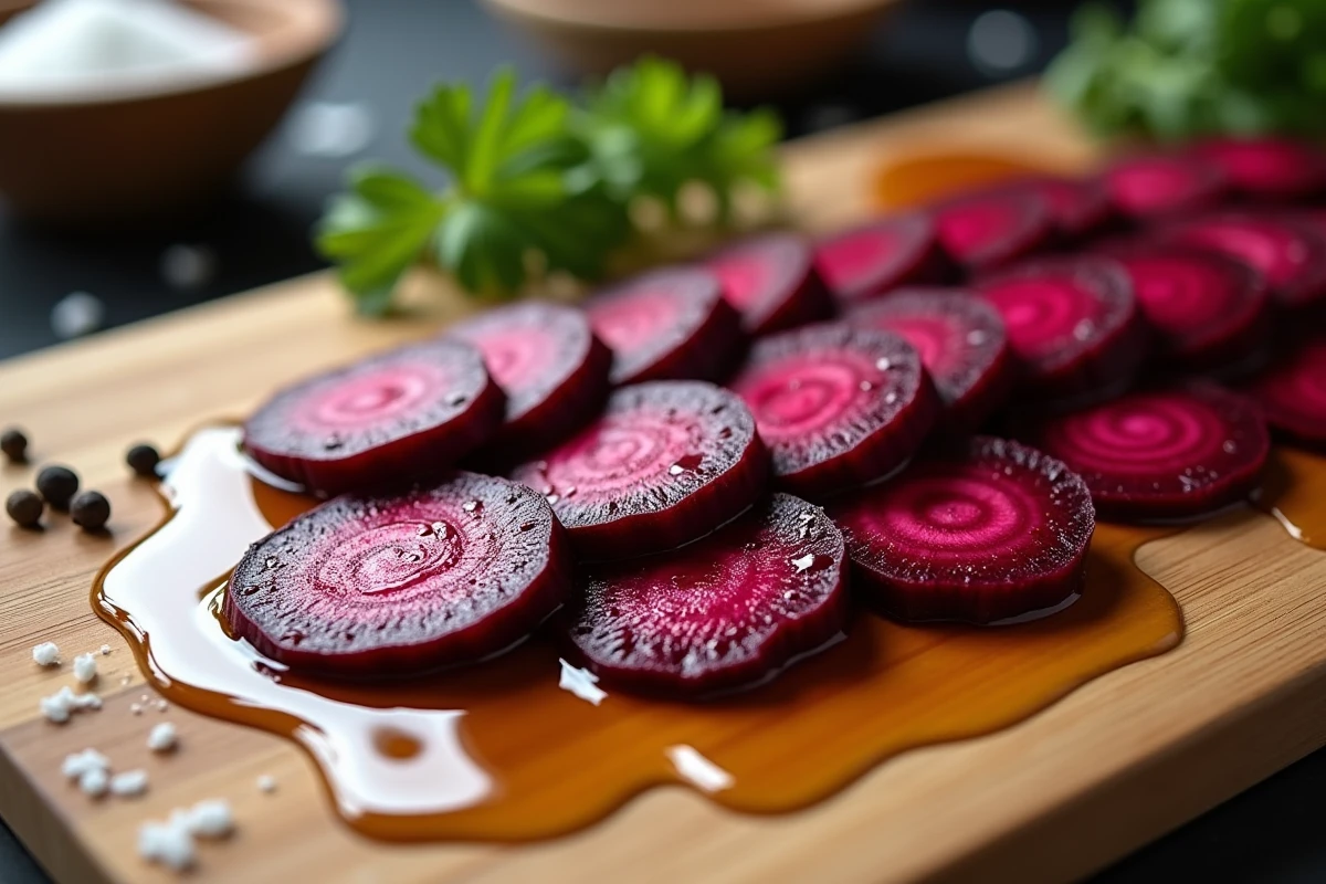 Betteraves rouges rôties tranchées sur planche en bois avec vinaigrette à l'huile d'olive et vinaigre balsamique en gros plan
