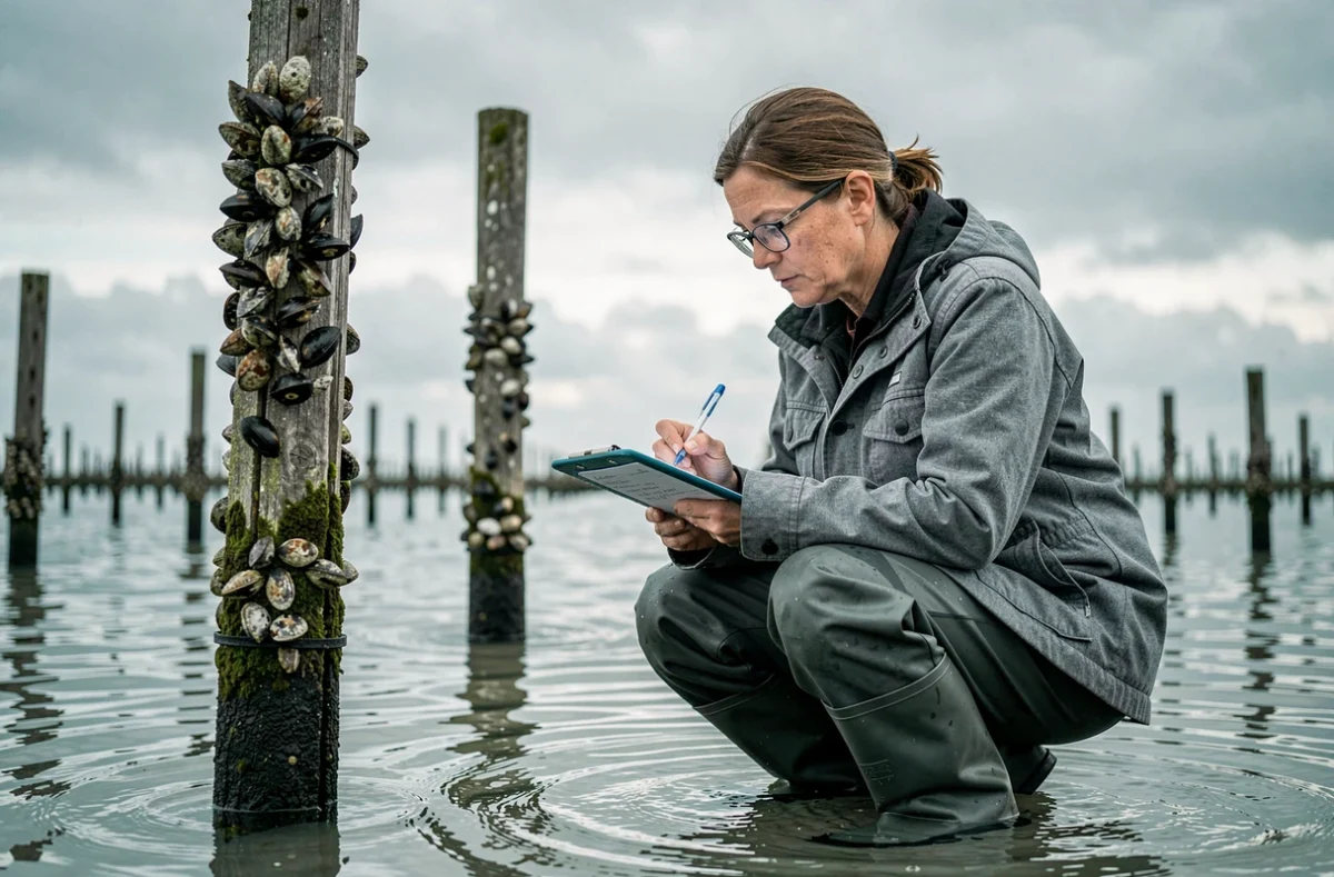 Biologiste marine étudiant des moules de bouchot dans la baie du Mont-Saint-Michel pour analyser les variations saisonnières
