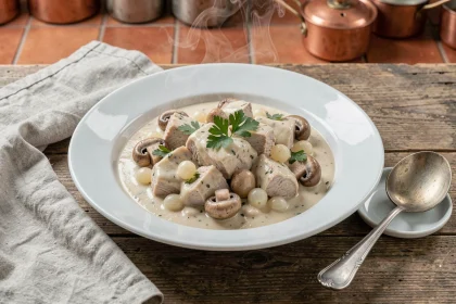 Blanquette de veau crémeuse servie dans un plat en céramique blanche avec champignons et oignons grelots, garnie de persil frais