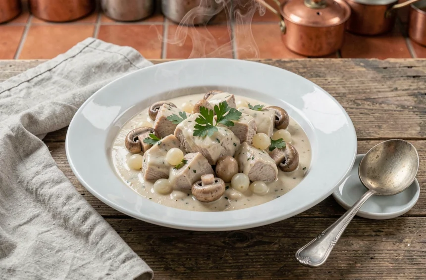Blanquette de veau crémeuse servie dans un plat en céramique blanche avec champignons et oignons grelots, garnie de persil frais