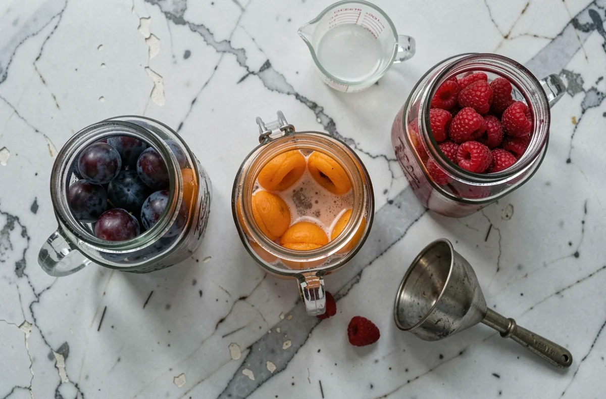 Vue aérienne de bocaux de fruits en conserve avec de l'alcool, dont un bocal raté avec un liquide trouble