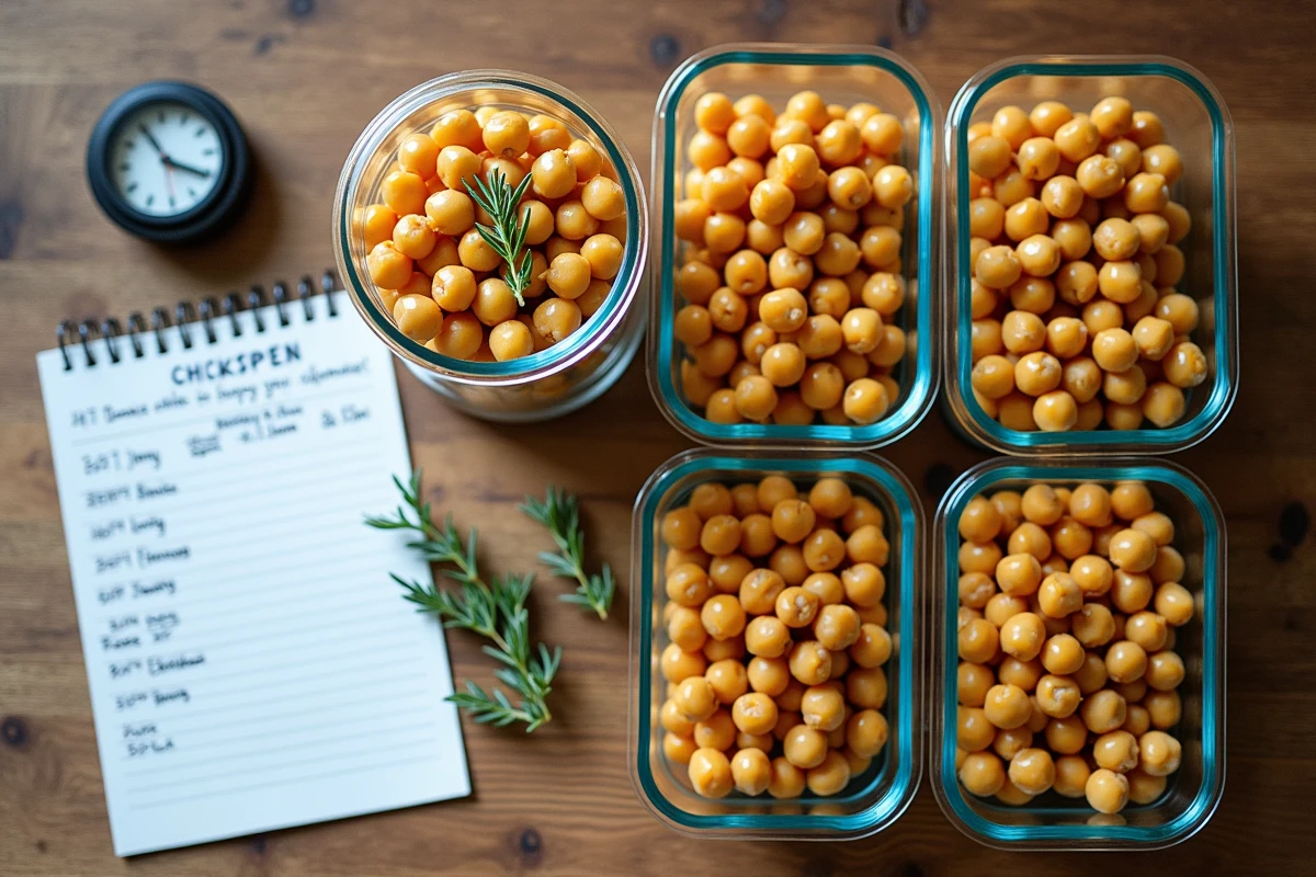 Bocaux en verre hermétiques remplis de pois chiches cuits posés sur une table en bois, avec un planning de batch cooking manuscrit et un minuteur de cuisine