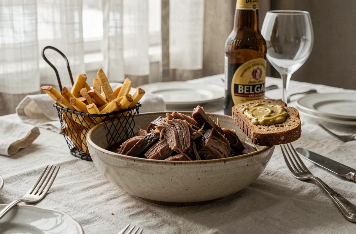 Bol de carbonade flamande servie avec des frites et du pain de seigle sur une table familiale du dimanche avec une bière belge en arrière-plan