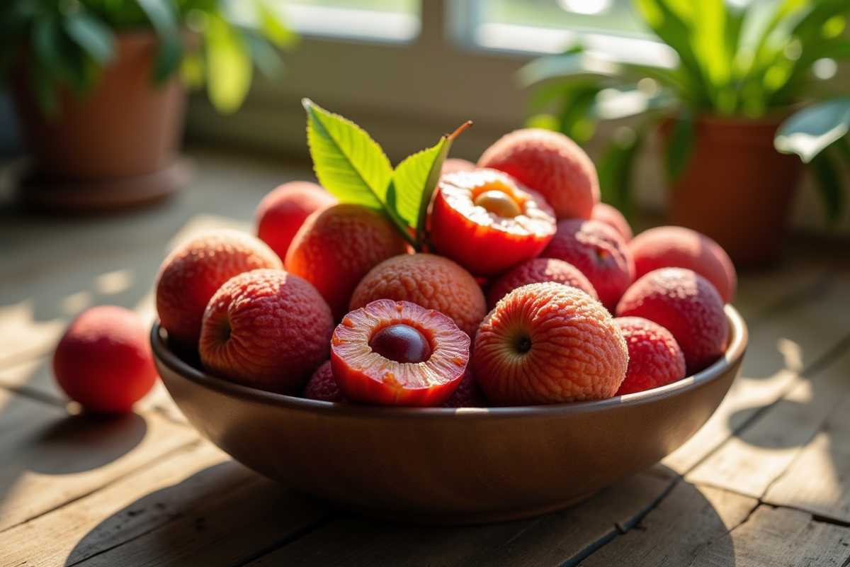Bol de litchis entiers et coupés sur une table en bois