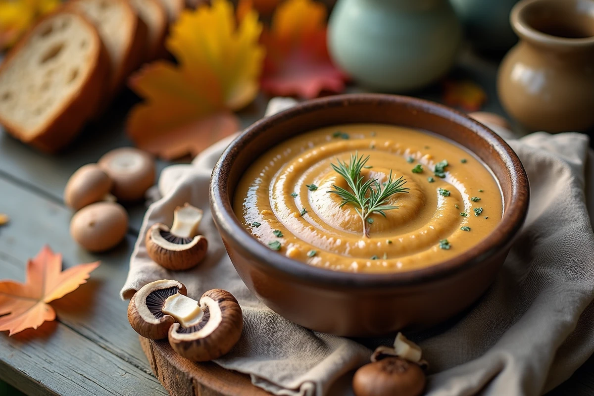 Bol en pierre avec sauce aux cèpes sur une table d