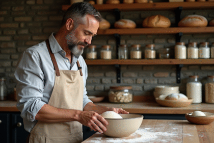 Boulanger artisanal inspectant la pâte dans une cuisine rustique