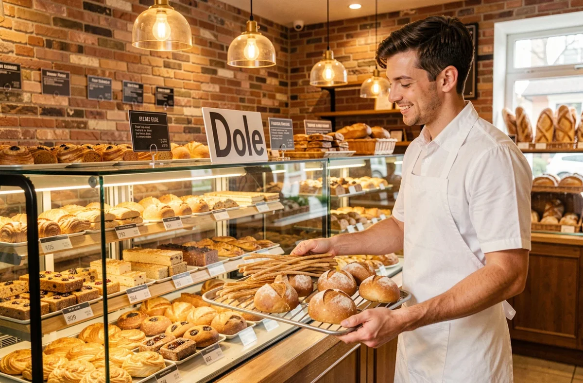 Boulanger arrangeant des pains artisanaux dans la boulangerie 3, 2, 1 à Dole