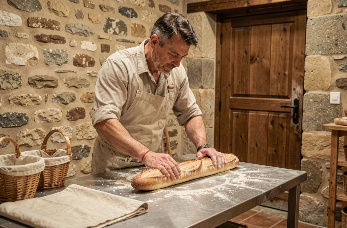 Artisan boulanger Alix Jérôme façonnant une baguette à la main dans sa boulangerie à Ouanne