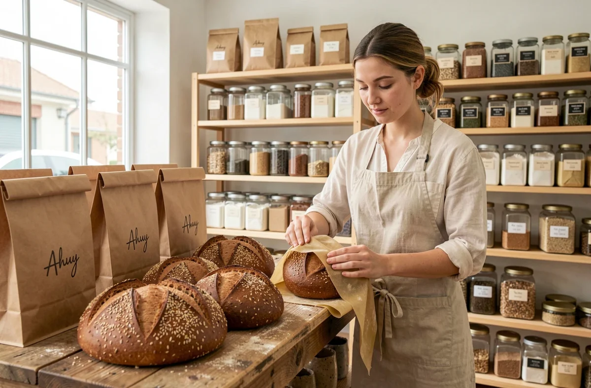 Pains biologiques au levain et épautre présentés dans la boulangerie bio Le B à Ahuy