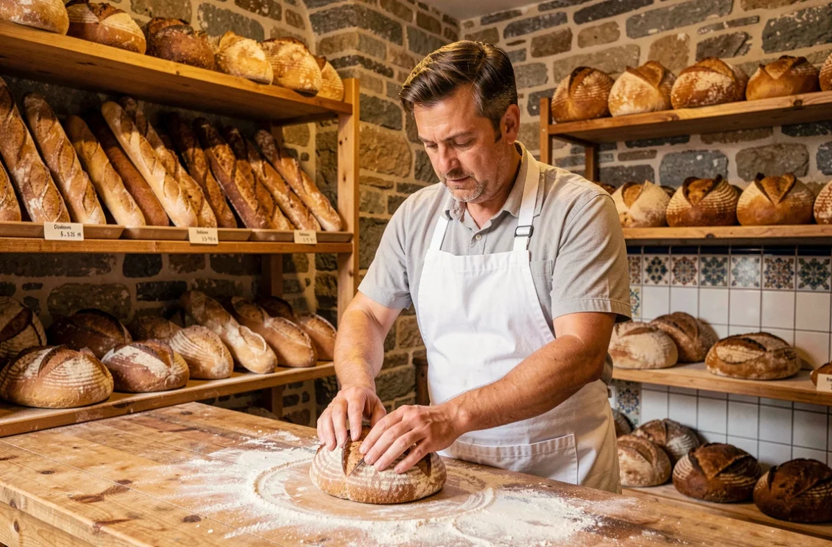 Artisan boulanger façonnant un pain au levain dans la boulangerie pâtisserie Claude Louot à Dijon