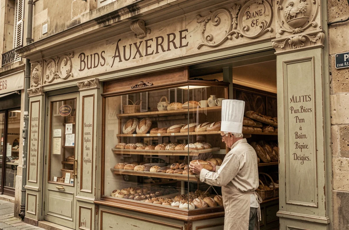 Façade historique et intérieur patrimonial de la Boulangerie Cleret à Auxerre avec pains d'épices et viennoiseries