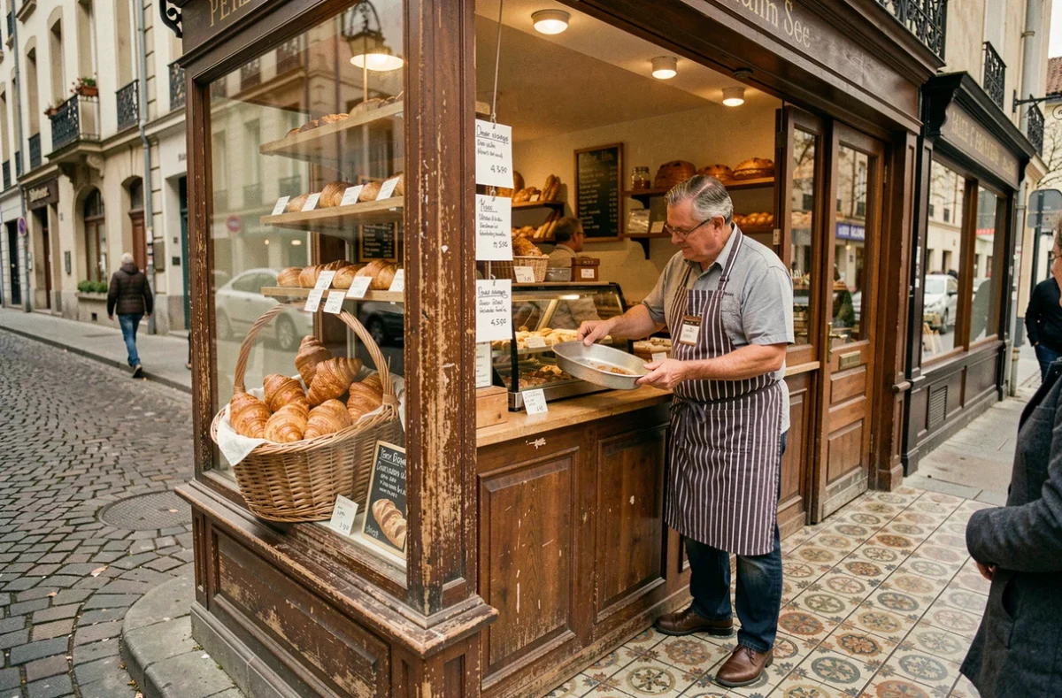 Intérieur chaleureux de la Boulangerie-Pâtisserie Eiffel de quartier à Dijon avec croissants et viennoiseries
