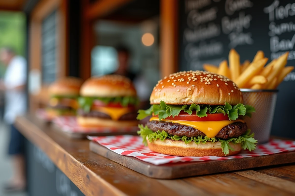 Deux cheeseburgers et une portion de frites dans un panier métallique sur un comptoir de food truck lors d'une burger party