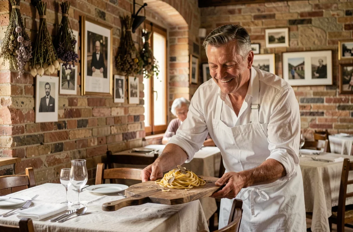Le chef Bruno Caironi du Caffè Cosi à Troyes présente un plat de pâtes fraîches maison dans le cadre chaleureux de sa trattoria aux murs en briques apparentes
