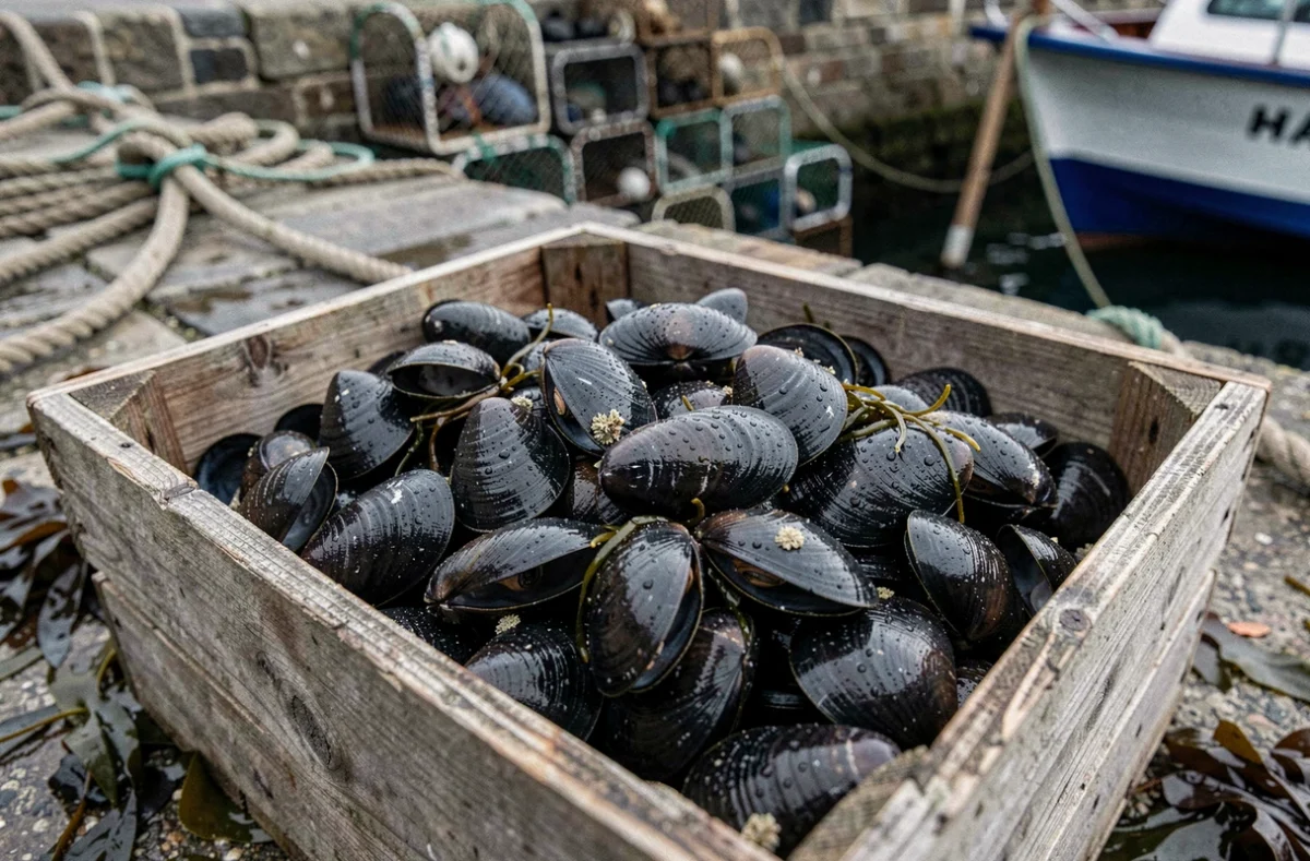 Caisse de moules de bouchot fraîchement récoltées sur le quai d'un port de pêche breton avec coquilles brillantes