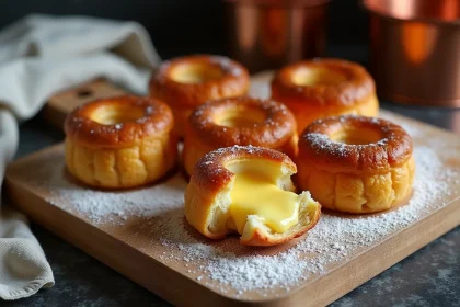 Canelés croustillants sur une planche en bois rustique avec un exemplaire coupé révélant l'intérieur moelleux, idéal pour illustrer la conservation des canelés