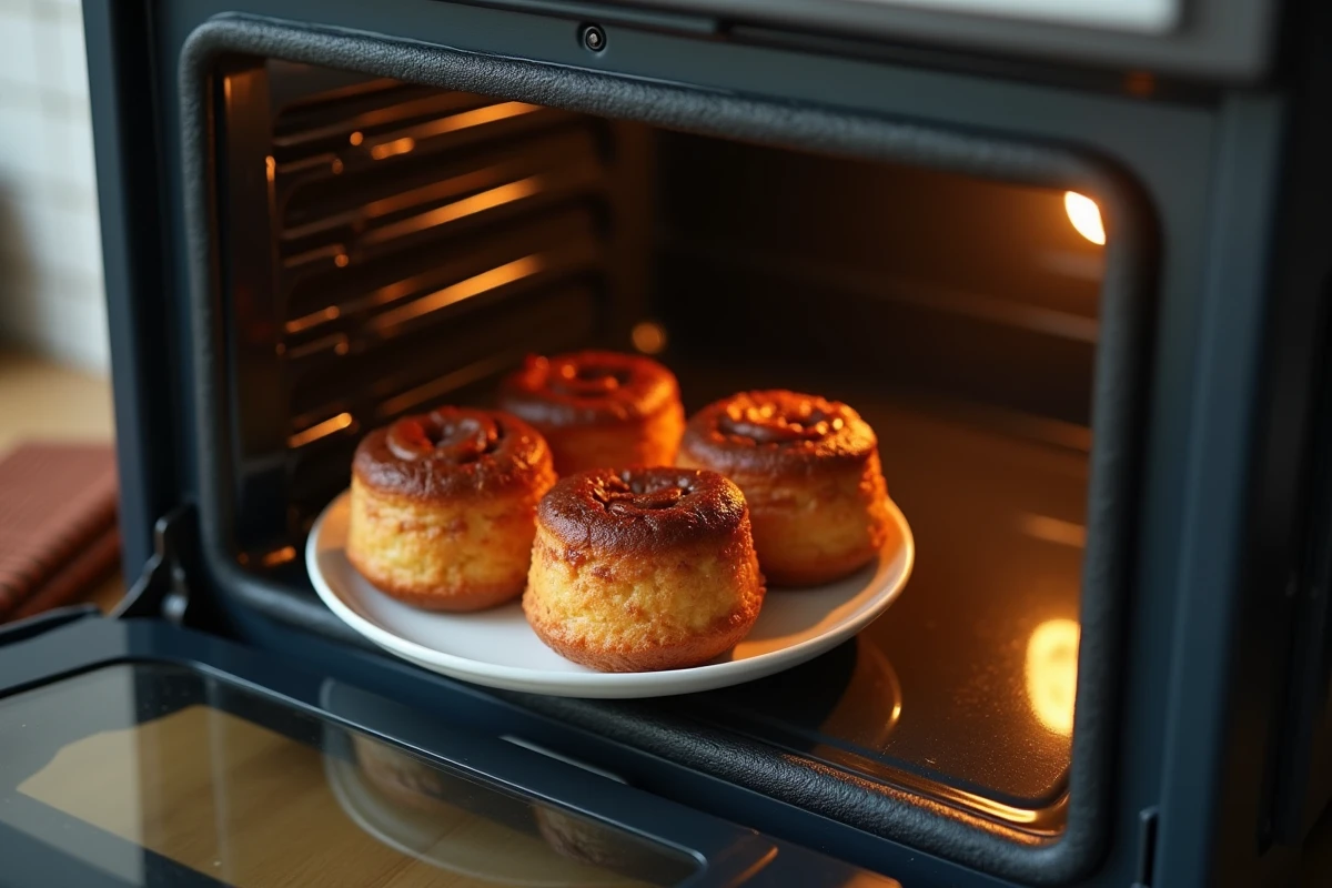 Canelés en cours de réchauffage dans un four domestique légèrement entrouvert, illustrant la technique pour retrouver une croûte croustillante