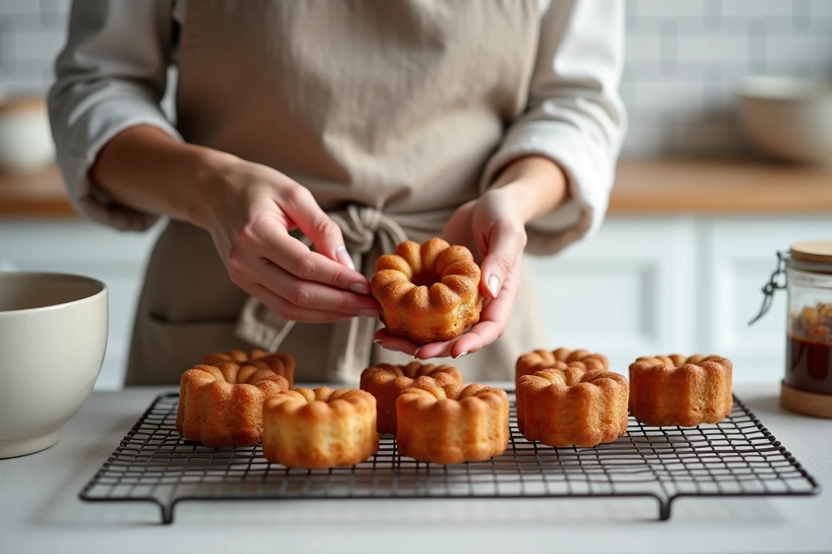 Femme plaçant des canelés sur une grille de refroidissement dans une cuisine moderne, illustrant les étapes de conservation après cuisson