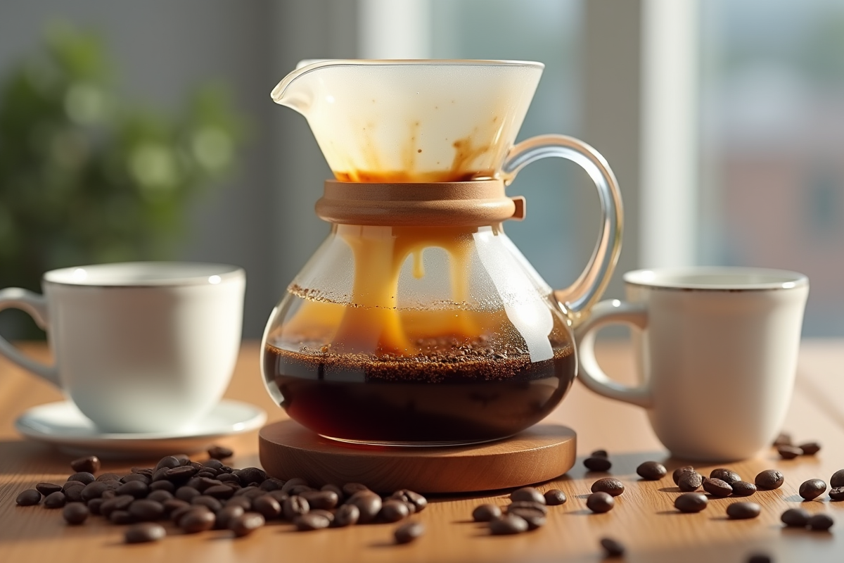 Carafe de cafetière avec café faible et grains de café