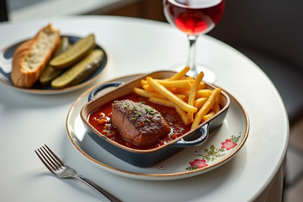Plat de carbonade de boeuf avec frites dans une assiette moderne