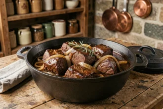 Cocotte en fonte remplie de carbonade flamande mijotée, posée sur une table en bois rustique dans une cuisine de campagne belge