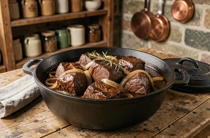 Cocotte en fonte remplie de carbonade flamande mijotée, posée sur une table en bois rustique dans une cuisine de campagne belge