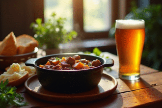Carbonade flamande dans une casserole en fonte sur une table en bois